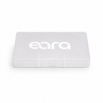 Clear plastic container with 'eara' branding on a white background