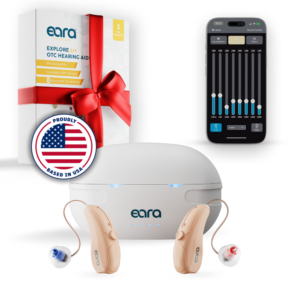 Eara hearing aid device with packaging, phone app, and American flag badge on a white background