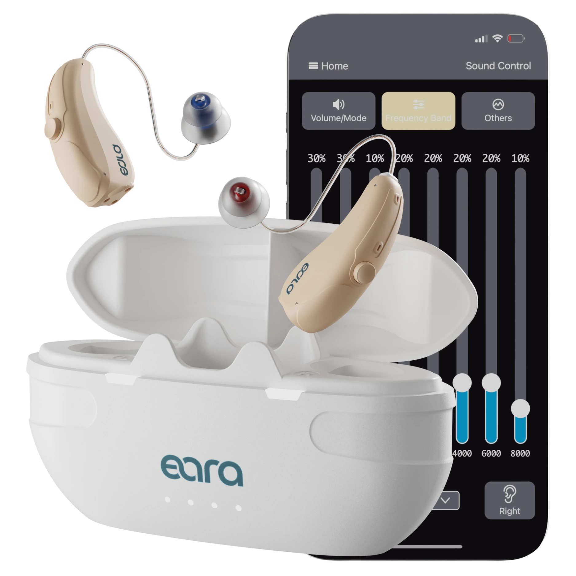 Image of Eara Explore Li+ OTC Bluetooth Rechargeable hearing aids and smartphone with HA FIT app. 
