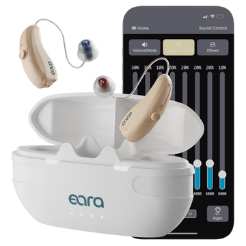 Image of Eara Explore Li+ OTC Bluetooth Rechargeable hearing aids and smartphone with HA FIT app. 