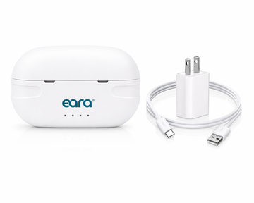 White earbud case with 'eara' branding, USB-C cable, and adapter on a white background