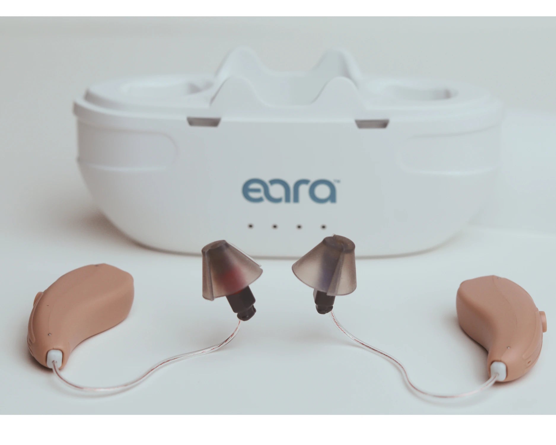 Pair of Explore Li+ Bluetooth Hearing Aids with Size 3 Medium Tulip domes. 