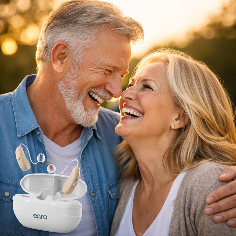 Happy couple wearing hearing aids