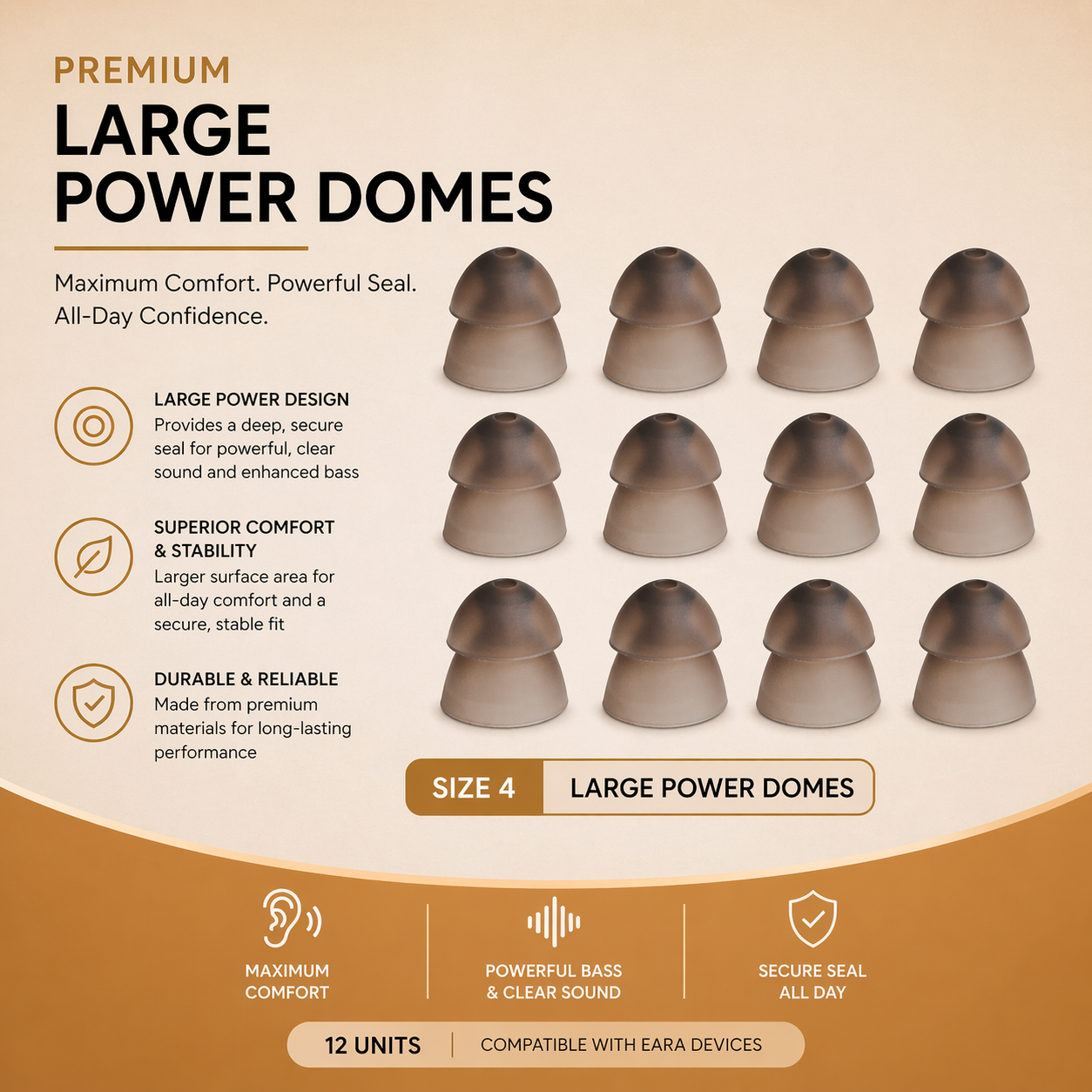 Eara Hearing image of large power domes with features and benefits listed.