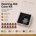 size 4 Large power domes Hearing aid care kit with domes, cleaning tool, and wax filters on a beige background