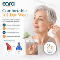 A promotional graphic for Eara Hearing Clear ITC Hearing aids with Comfortable All-Day Wear. It features a smiling older woman with gray hair demonstrating how to insert a red Eara Clear ITC Hearing aid into her ear, alongside product dimension diagrams, a 'Worn in Ear' inset, and a weight badge indicating '2g Single unit weight'.