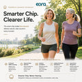 Promotional graphic for the Eara Ascend Champange Bluetooth Rechargeable hearing aids, featuring two women jogging outdoors on a sunny day. The top of the image includes the Eara logo and the headline 'Smarter Chip.