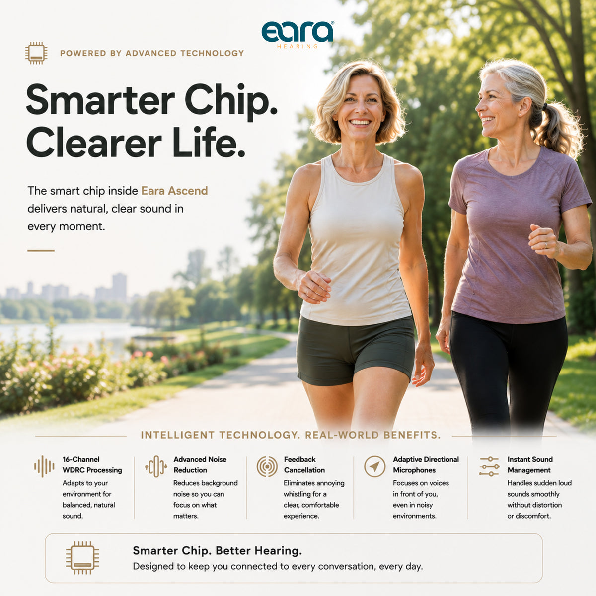 Promotional graphic for the Eara Ascend Champange Bluetooth Rechargeable hearing aids, featuring two women jogging outdoors on a sunny day. The top of the image includes the Eara logo and the headline 'Smarter Chip.
