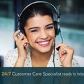 Friendly Eara customer care specialist wearing a headset and smiling while providing 24/7 hearing aid customer support, troubleshooting assistance, and personalized service for OTC Bluetooth hearing aid users.