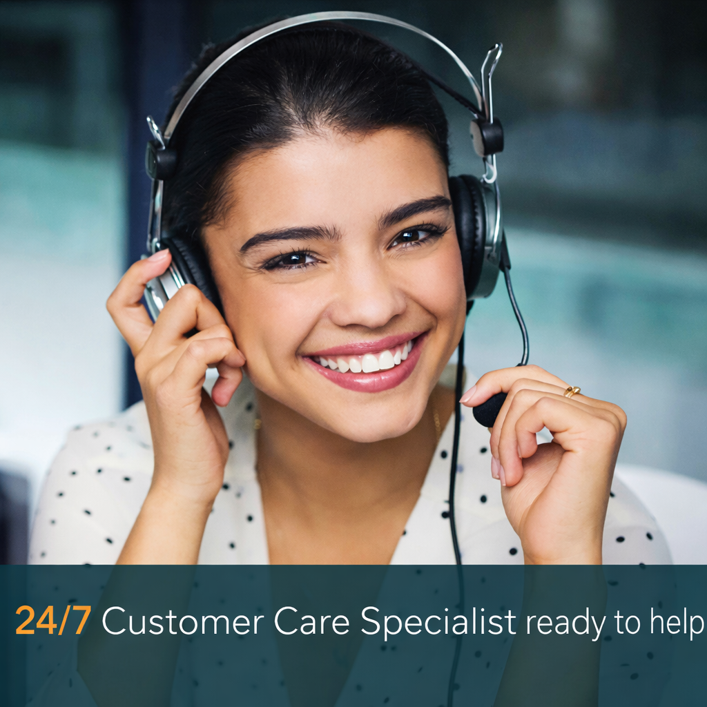 Friendly Eara customer care specialist wearing a headset and smiling while providing 24/7 hearing aid customer support, troubleshooting assistance, and personalized service for OTC Bluetooth hearing aid users.
