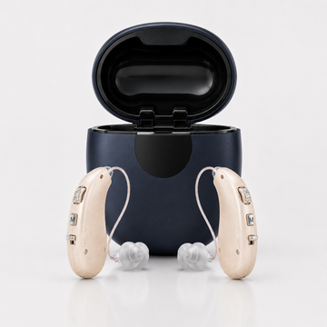 eara essential hearing aids with a black case on a white background