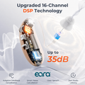 Eara Essential rechargeable OTC hearing aids with upgraded 16-channel DSP technology and up to 35dB sound amplification for adults with perceived mild to moderate hearing loss.