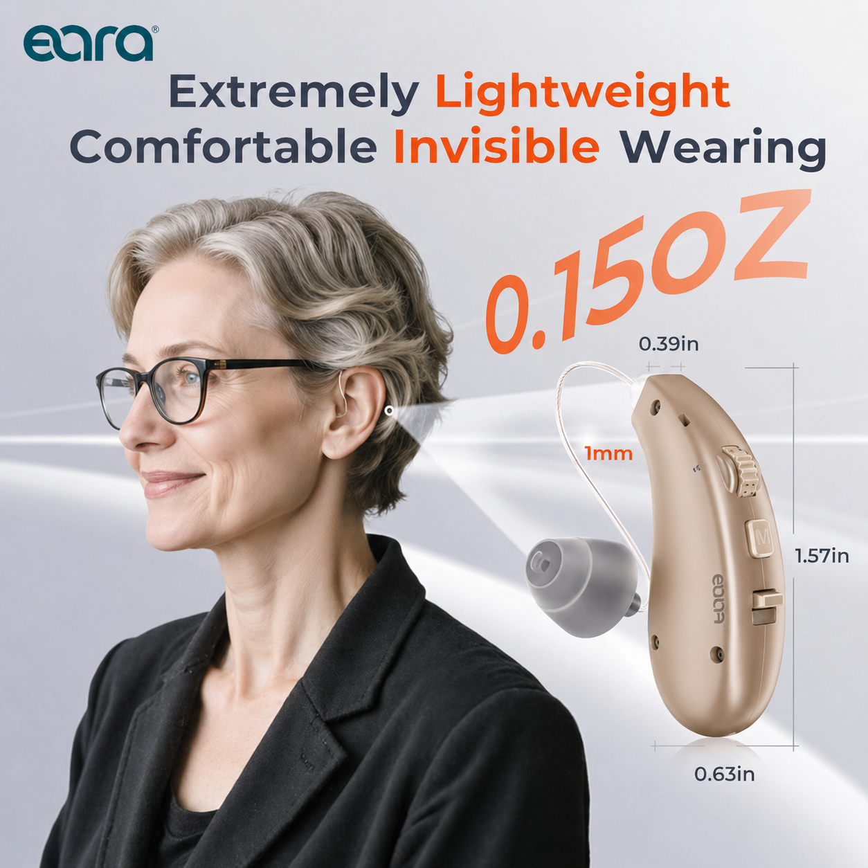 Eara Essential lightweight rechargeable OTC hearing aids with discreet beige receiver-in-canal design for comfortable daily wear.