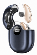 Eara Essential beige rechargeable OTC hearing aids with dark LED charging case, clear ear tubes, and comfortable ear domes for simple everyday hearing support.