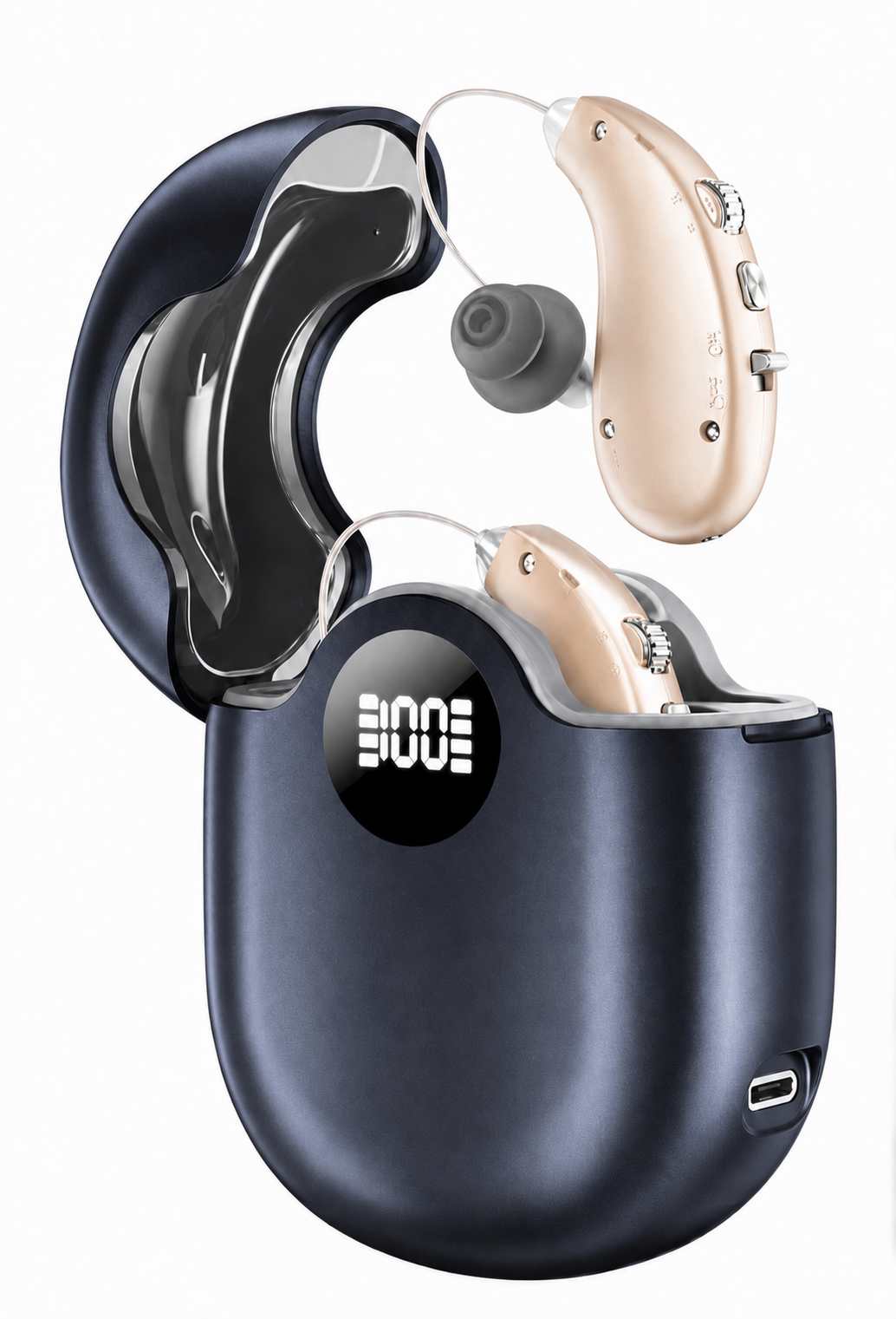 Eara Essential beige rechargeable OTC hearing aids with dark LED charging case, clear ear tubes, and comfortable ear domes for simple everyday hearing support.