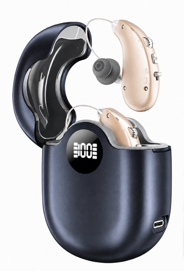 Eara Essential beige rechargeable OTC hearing aids with dark LED charging case, clear ear tubes, and comfortable ear domes for simple everyday hearing support.
