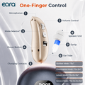 Eara Essential OTC hearing aids featuring simple manual controls, mode selector, volume control, ear tube, speaker unit, and comfortable ear domes.