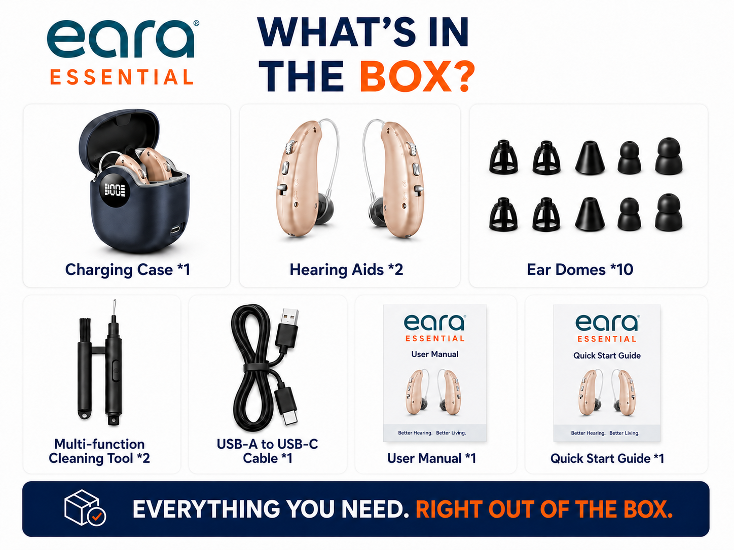Eara Essential OTC Hearing aids with charger, domes, cleaning tool, user manual and quick start guide.slider_item_tQpF44