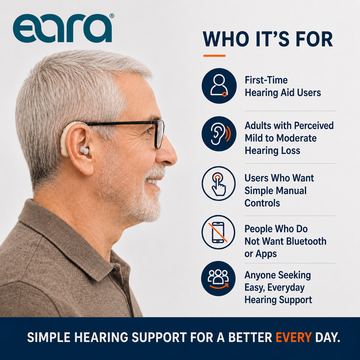 Man wearing Eara Essential hearing aid beside a “Who It’s For” infographic for first-time users and adults seeking simple everyday hearing support.