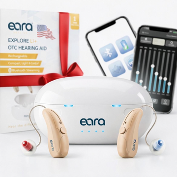 Eara Explore Li+ Bluetooth rechargeable OTC hearing aids with portable charging case and HA-Fit smartphone app