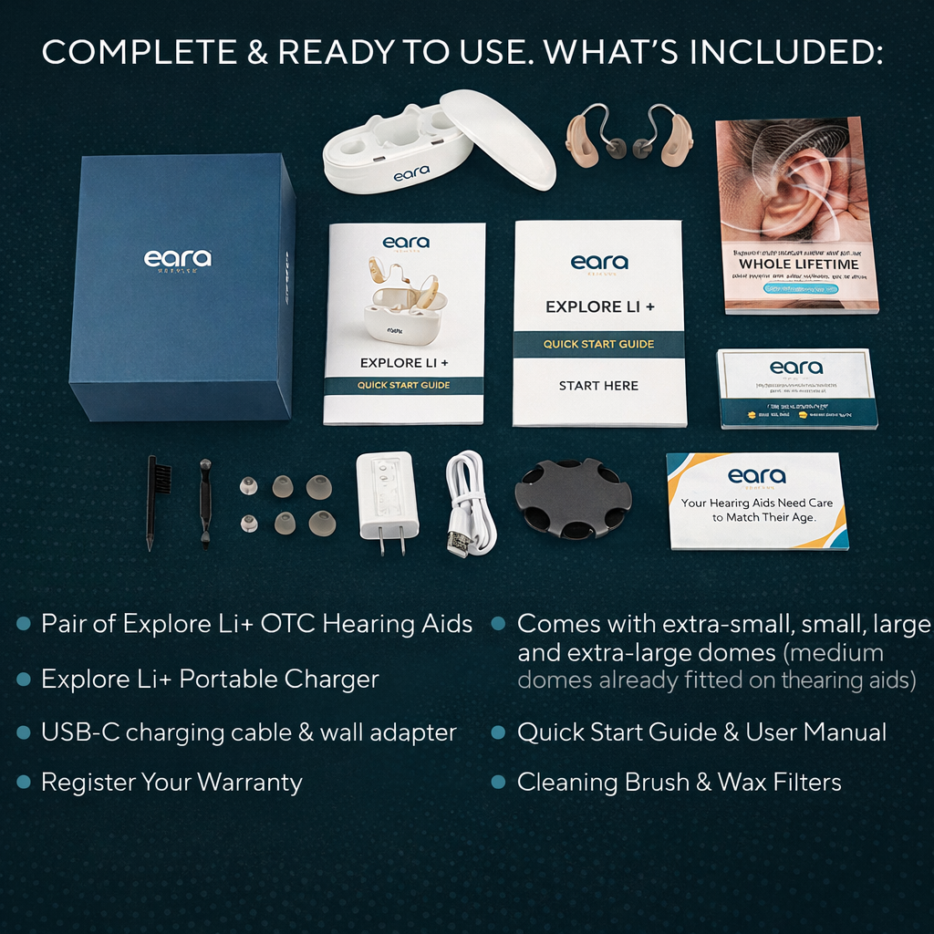 Complete Eara Explore Li+ Bluetooth OTC hearing aids kit including rechargeable hearing aids, portable charging case, USB-C charging cable, wall adapter, domes, cleaning tools, wax filters, quick start guide, warranty registration materials, and hearing aid accessories for easy self-fitting and everyday hearing support.
