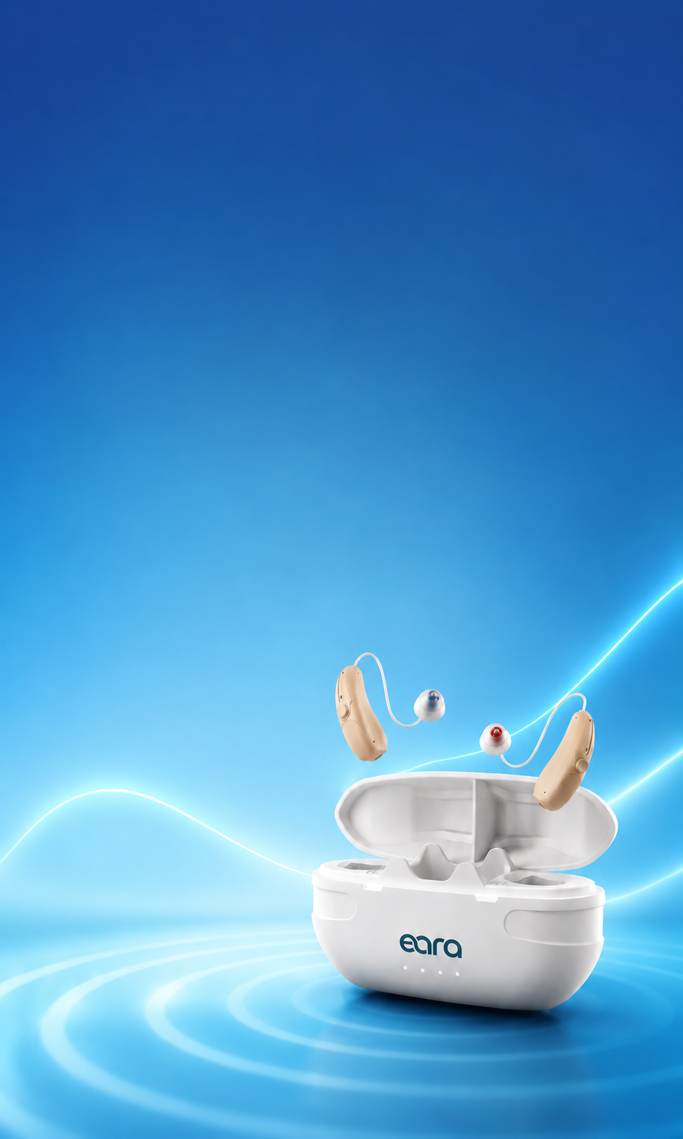 Eara Explore Li+ Bluetooth OTC hearing aids with rechargeable wireless charging case displayed on a modern blue technology background, featuring self-fitting hearing aids designed for clear sound, comfortable all-day wear, and everyday hearing support.slider_item_W4LWgU