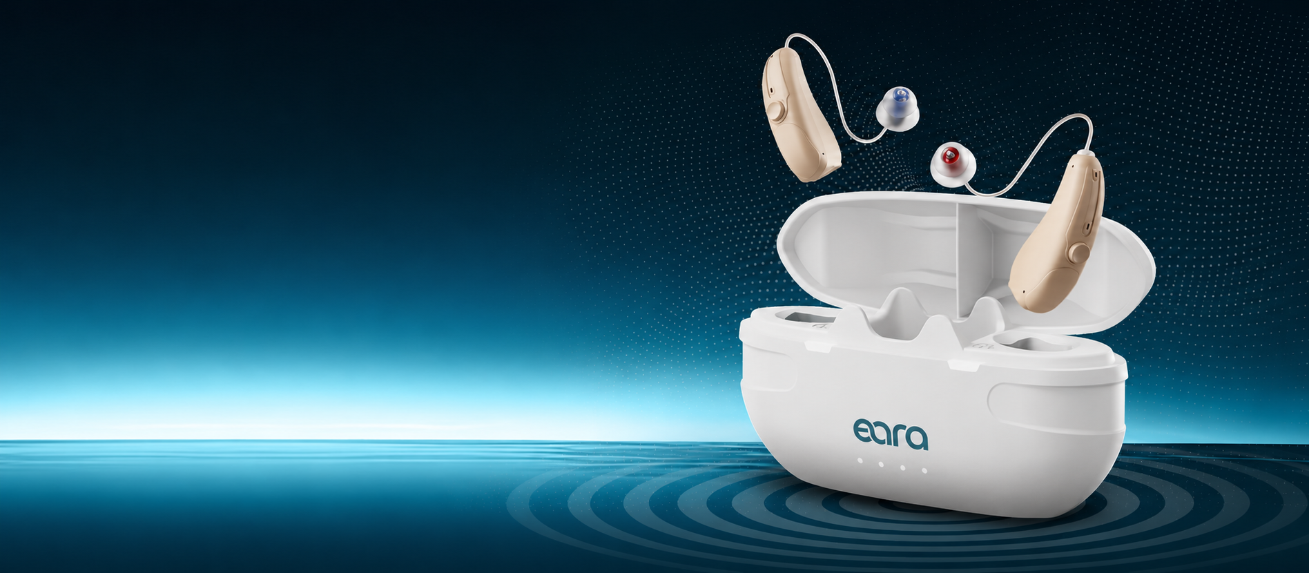 Eara Explore Li+ Bluetooth OTC hearing aids with rechargeable wireless charging case displayed on a modern blue technology background, featuring self-fitting hearing aids designed for clear sound, comfortable all-day wear, and everyday hearing support.slider_item_W4LWgU