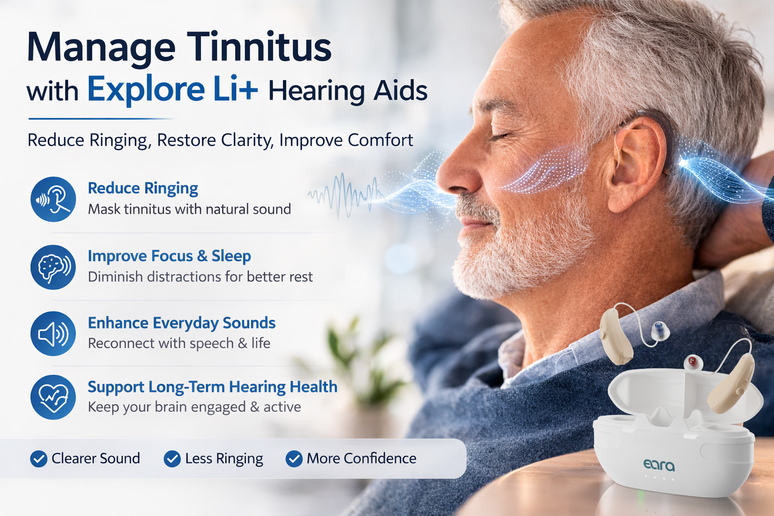 Eara Explore Li+ Bluetooth rechargeable OTC hearing aids designed for clearer everyday listening and personalized sound support