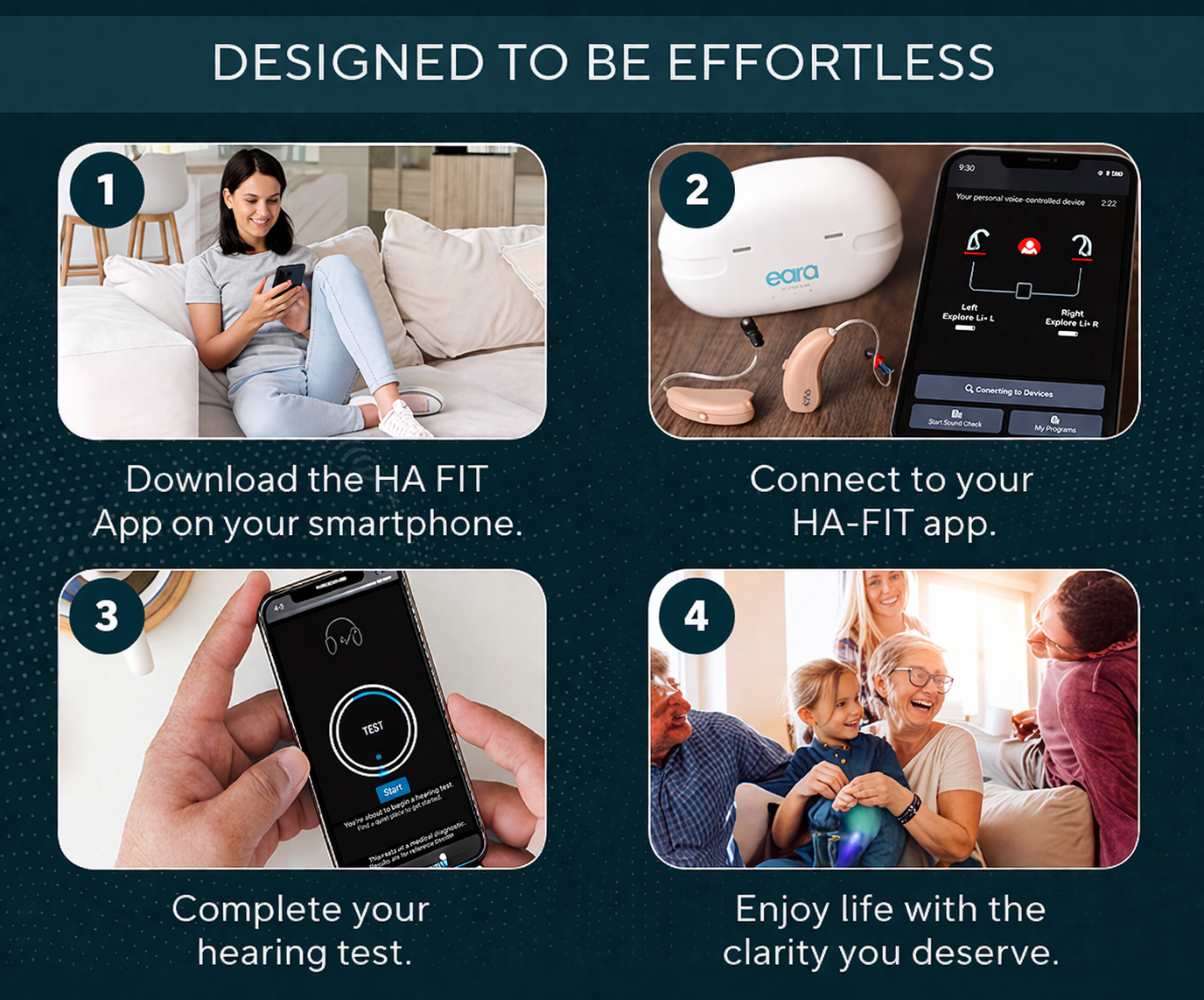 Eara Explore Li+ Bluetooth OTC hearing aids with HA-Fit app setup, hearing test, and smartphone-connected hearing personalization