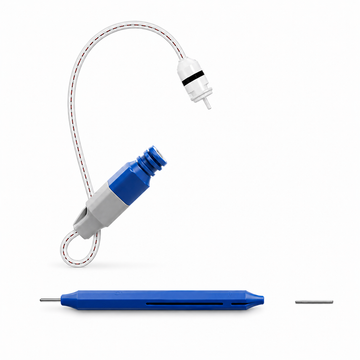 Left replacement receiver wire kit for Eara Explore Li+ and HA FIT APP hearing aids with blue pin removal tool and receiver pin