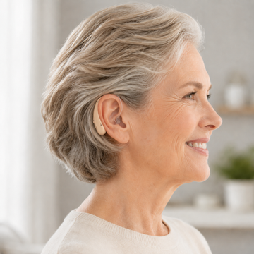Woman wearing a beige Eara hearing aid behind the ear for comfortable everyday hearing support.