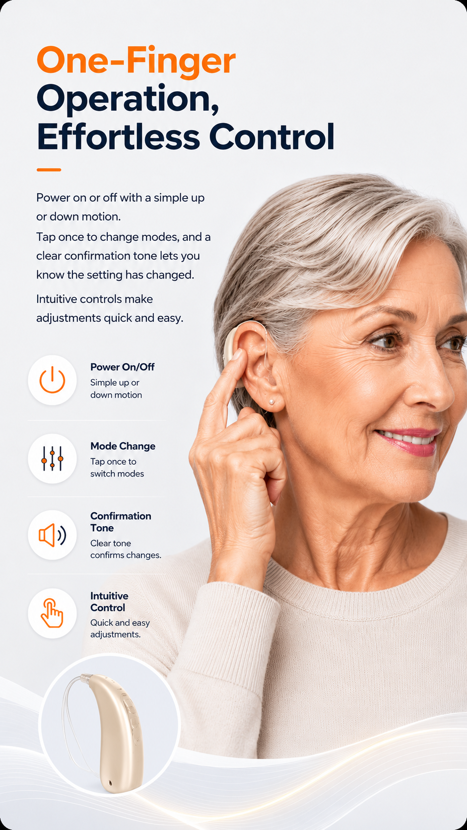Woman pressing the button on a beige Eara hearing aid behind her ear for easy one-finger control.slider_item_th6GEJ