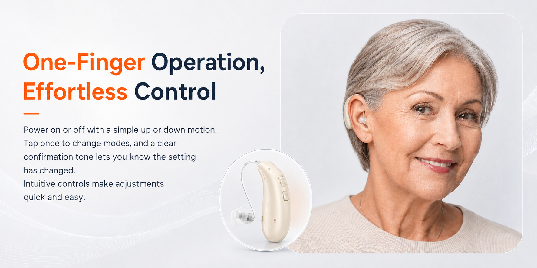 Woman pressing the button on a beige Eara hearing aid behind her ear for easy one-finger control.slider_item_th6GEJ