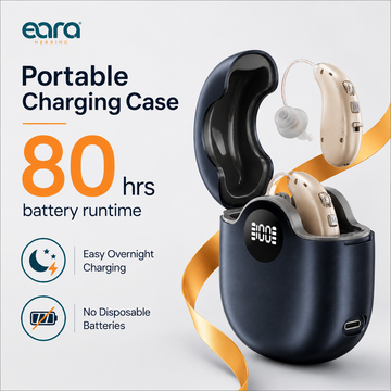Eara portable charging case with rechargeable hearing aids highlighting 80-hour battery runtime, easy overnight charging, and no disposable batteries.