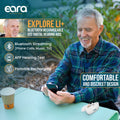 Model demonstrating eara hearing aids with bluetooth streaming, app hearing test and portable recharging