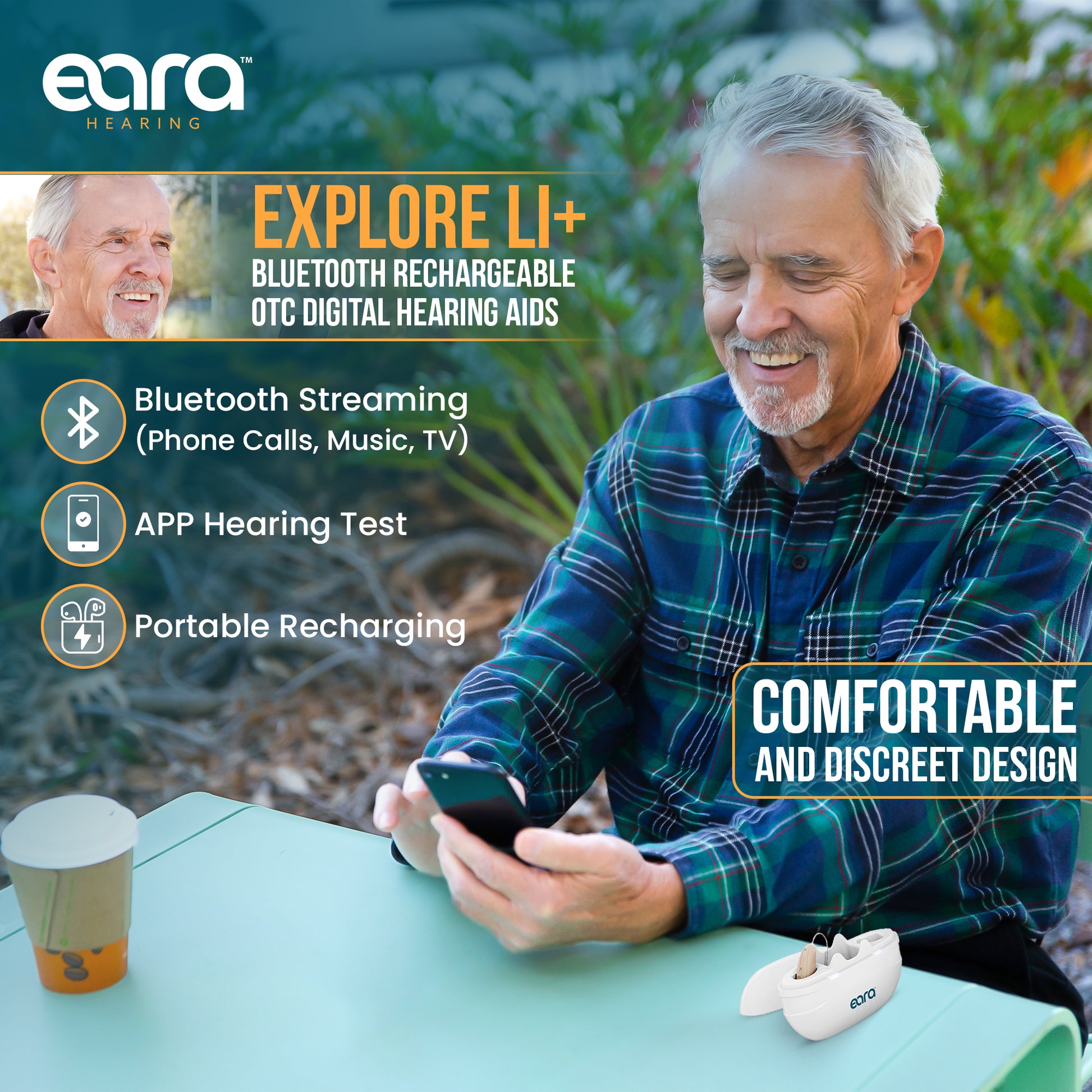 Model demonstrating eara hearing aids with bluetooth streaming, app hearing test and portable recharging