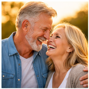Smiling senior man and woman enjoying a close moment together - ideal for adults and seniors using Eara OTC hearing aids