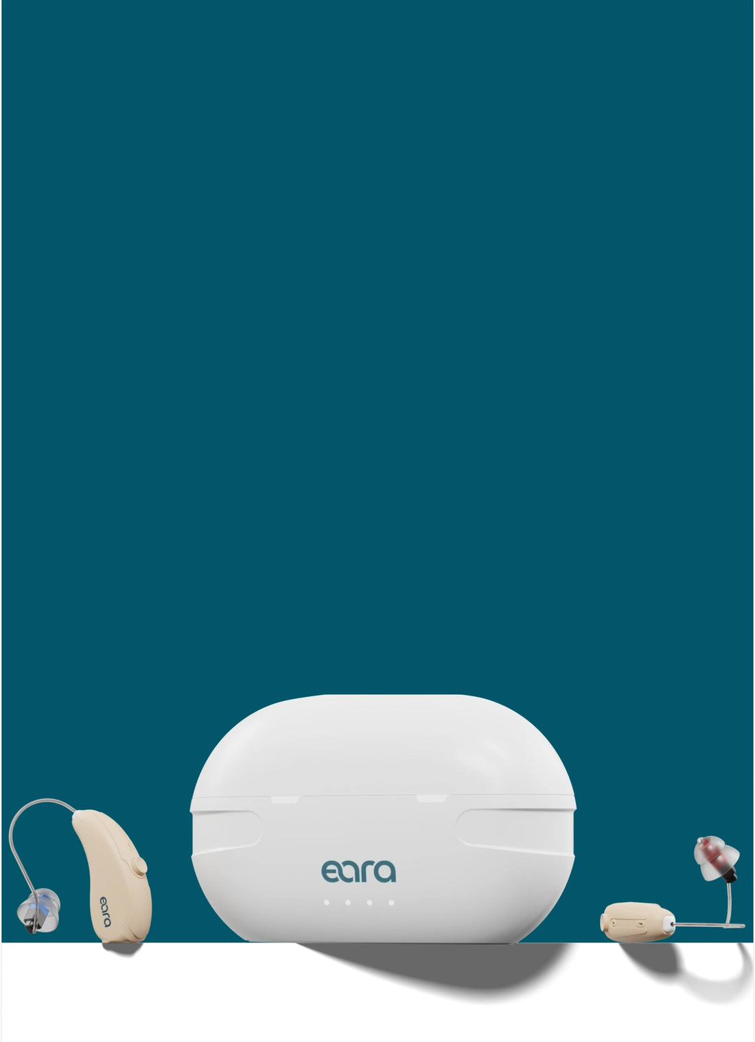 White hearing aids case with 'eara' branding on a teal backgroundslider_item_xceUBw