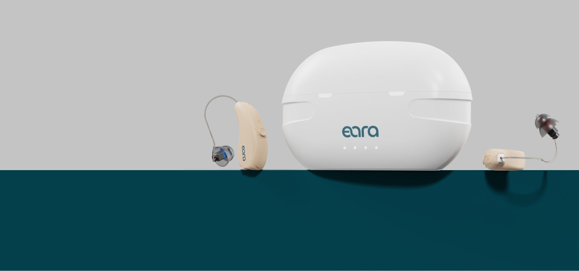 White hearing aids case with 'eara' branding on a teal backgroundslider_item_xceUBw